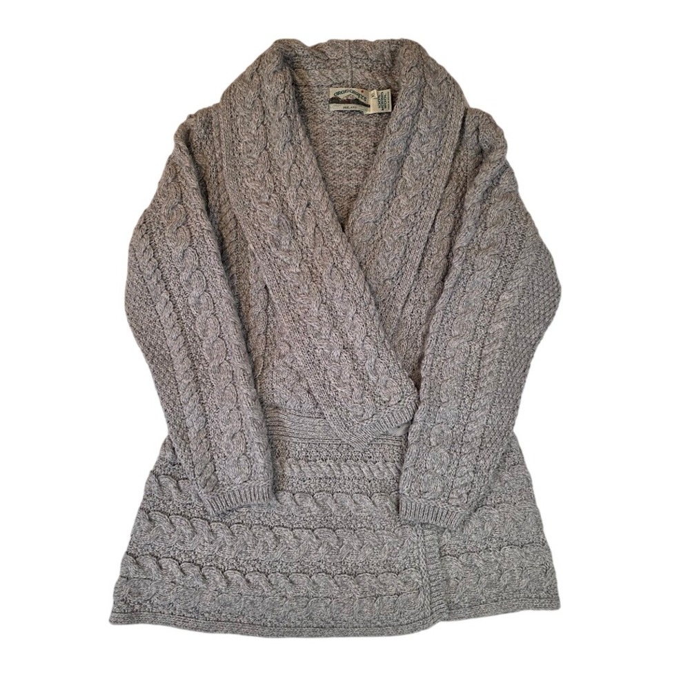 Aran Crafts Womens XL Merino Wool Shawl Collar Cable Knit Cardigan Gray Ireland